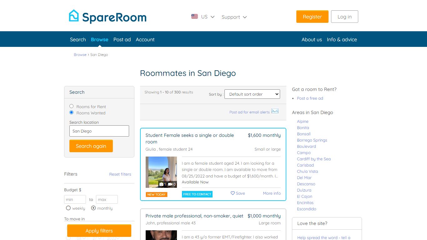 Roommate finder San Diego. Roommate wanted? Find roommates in San Diego